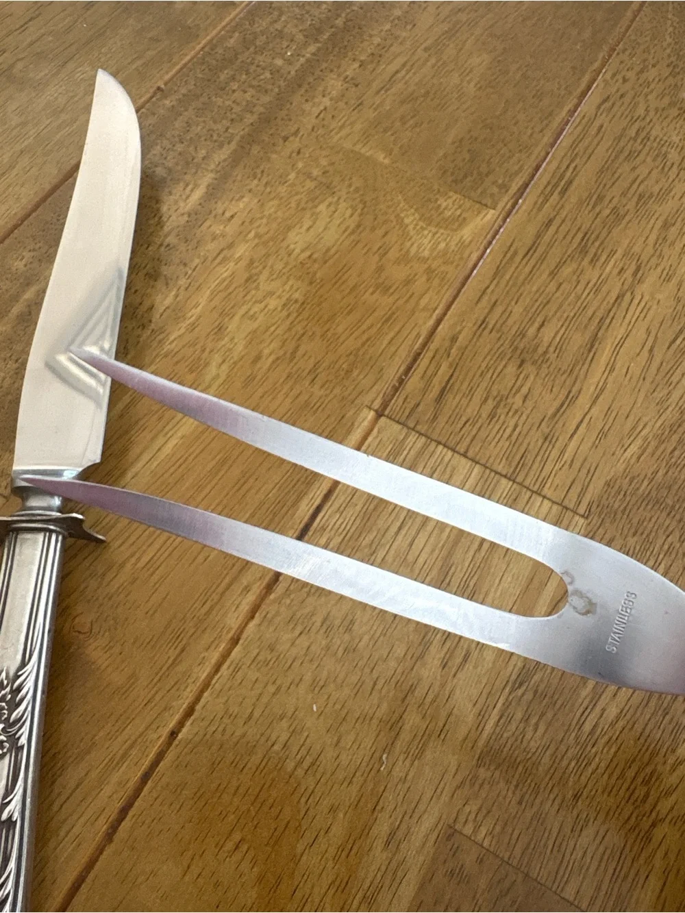 Vintage Gorham Chantilly Carving Set Knife & Fork Silver Handle Stainless Steel